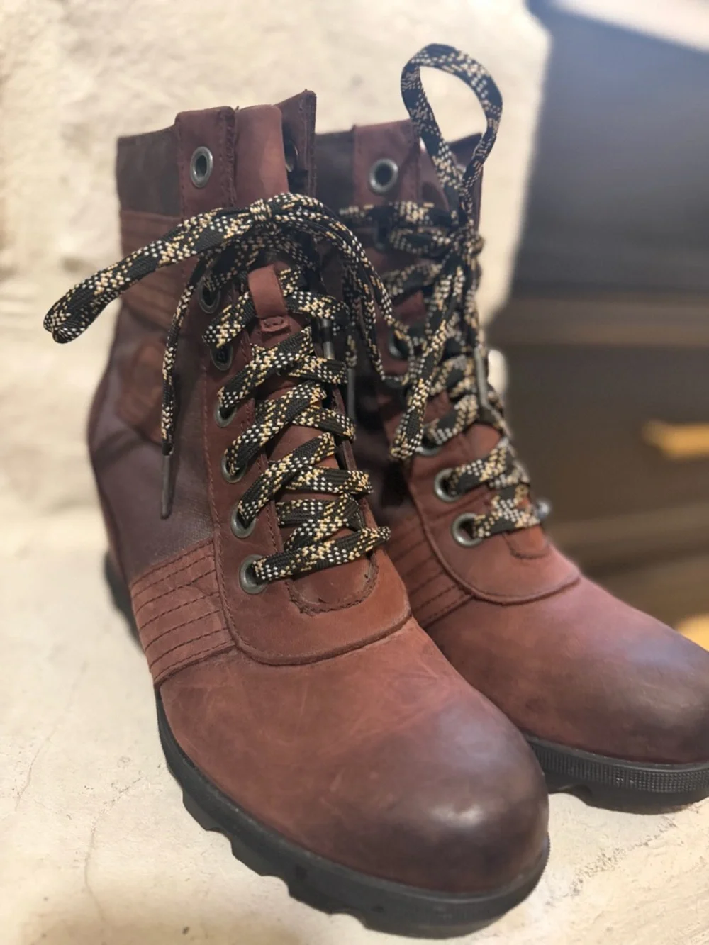 Sorel Women's Two-Tone Lace-Up Winter Boots in Chestnut and Dark Brown